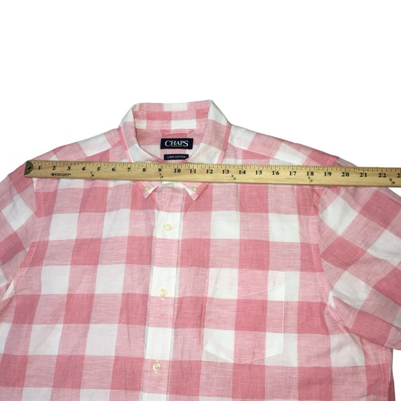 Men’s CHAPS Linen Cotton Blend Pink White Plaid Button Down Shirt Large - Picture 3 of 9